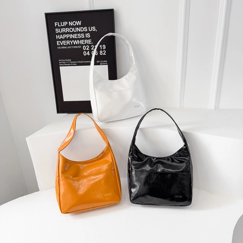 Solid Color Shiny PU Leather Underarm Bag Large Capacity Hobo Shoulder Handbag Simple Versatile Style Women