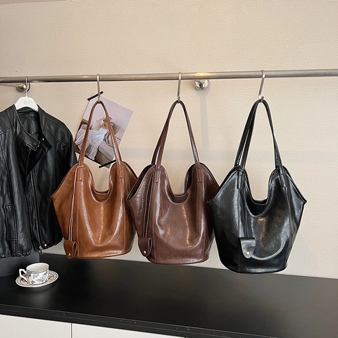 Large Capacity Vintage PU Leather Tote Bag For Women 2025 Autumn Winter Solid Color Commuting Shopping Bag With Magnetic Closure