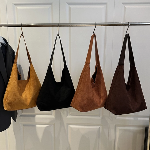 Bolso Tote de Gran Capacidad de Tejido de Gamuza para Mujer Minimalista Vintage Bolso de Hombro Color Sólido Otoño Invierno