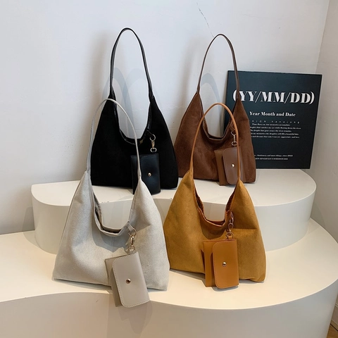 Borsa Tote da Donna di Grande Capacità in Similpelle Scamosciata Borsa a Tracolla Minimalista Con Set di Pochette Abbinato