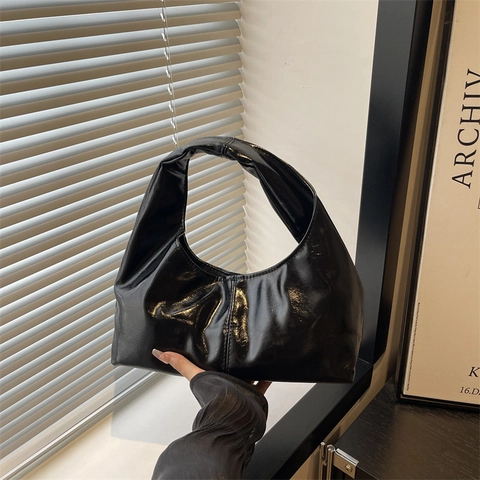 Bolso Hobo de Cuero PU Vintage para Mujer Bolso de Axila de Charol Brillante Minimalista Color Sólido Bolso Tejido