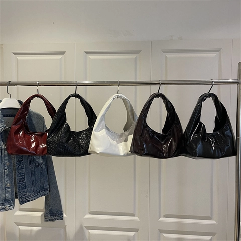 Bolso Hobo de Cuero PU Vintage para Mujer Bolso de Axila de Charol Brillante Minimalista Color Sólido Bolso Tejido