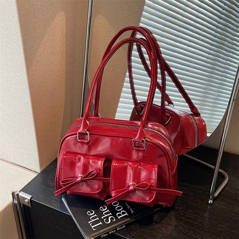 Bolso de Hombro Balletcore Lazo Brillante PU Gran Capacidad Y2K Retro Bolso de Axila para Mujer Color Sólido Bolso Diario