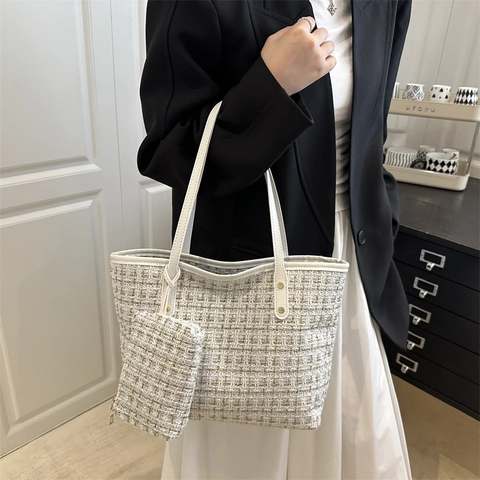 Elegante Tweed Tote Und Kleine Tasche Für Damen Goldfaden Gewebte Schulterhandtasche Für Den Täglichen Büroalltag