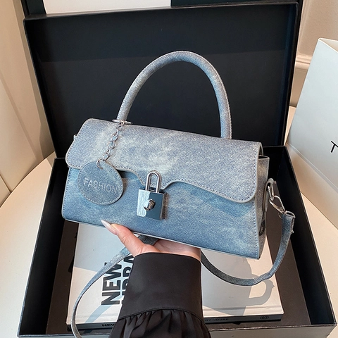 Vintage PU Leather Square Crossbody Bag For Women With Lock Silver Hardware Round Letter Pendant Handbag Shoulder Bag