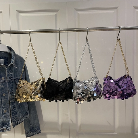 Moda Donna Grande Borsa a Tracolla con Paillettes Scintillante Borsa da Sera con Catena d'Oro Borsa a Spalla
