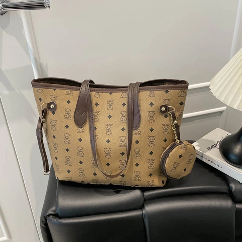 Women Tote Bag And Small Round Pouch PU Leather Large Capacity Bear Print Geometric Pattern Casual Commuting Shoulder Bag Fashion