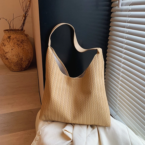 Hobo Tasche Mit Großer Kapazität Gewebtes PU Leder Retro Einfache Schultertasche Für Damen Pendeln