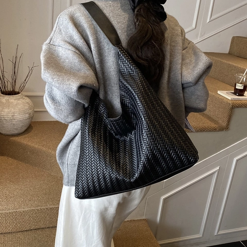 Sac Hobo Tissé En Cuir PU Grande Capacité Fourre-Tout Épaule Pour Trajet Quotidien Style Vintage Simple Femmes