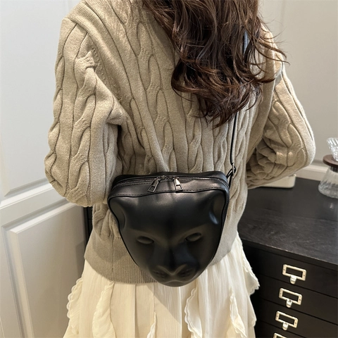 Unieke 3D Panterhoofd Schoudertas Mode PU Leer Kattengezicht Crossbody Tas Street Trend Niche Design Vierkante Handtas Dames