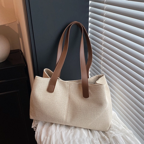 Women Large Capacity Canvas Tote Bag Vintage Contrast Color Shoulder Bag With Bear Pendant Commuting Handbag For Daily Use