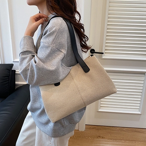 Women Large Capacity Canvas Tote Bag Vintage Contrast Color Shoulder Bag With Bear Pendant Commuting Handbag For Daily Use
