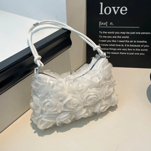 3D Rose Flower Shoulder Bag Romantic Mesh Floral Underarm Handbag Zipper Closure Elegant Wedding Party Purse For Women