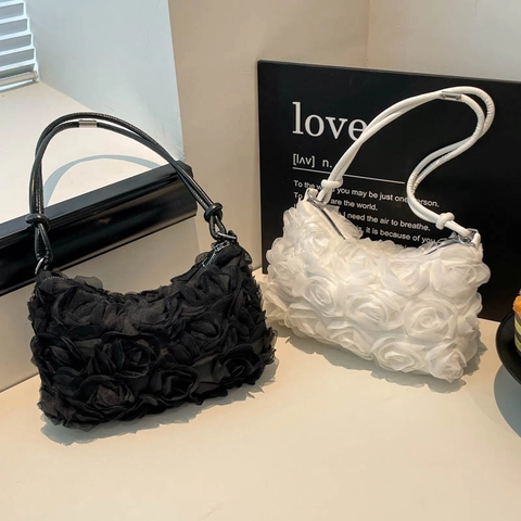 Borsa a Mano da Donna con Fiori di Rosa 3D Elegante in Tessuto Borsa Sottobraccio per Matrimonio Festa Romantica Floreale