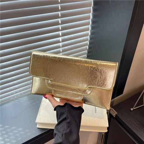 Bolso de Mano de Cuero PU con Textura Arrugada para Mujer Bolso de Noche Metálico Chic Cartera de Sobre para Banquetes y Fiestas
