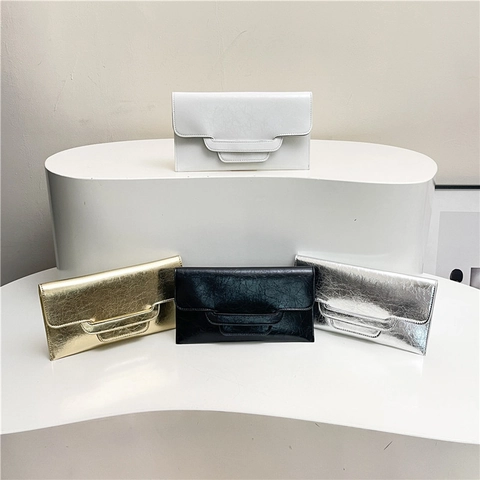 Women Vintage PU Leather Envelope Clutch Bag Metallic Crinkled Texture Evening Handbag For Party Wedding Solid Color