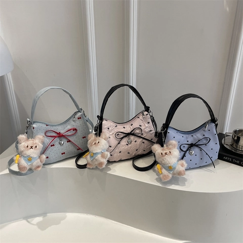 Bolso Bandolera Creciente con Lazo para Mujer Y2K Color de Contraste a Rayas con Colgante de Corazón Bolso de Axila con Colgante de Peluche