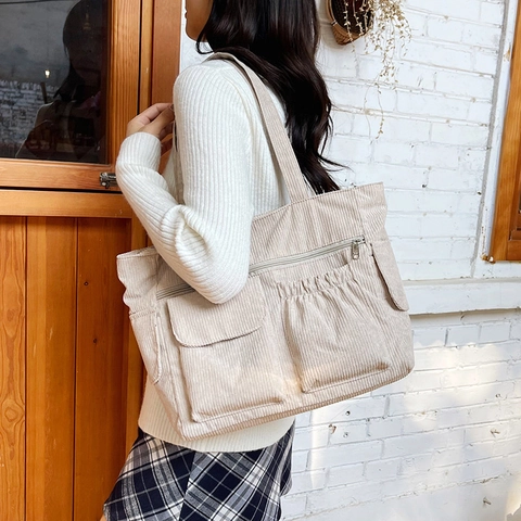 Bolso Tote de Pana Casual para Mujer Gran Capacidad Múltiples Bolsillos Bolso de Hombro Vintage Color Sólido Diario Escuela