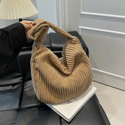 Bolso Bandolera Hobo de Pana Vintage para Mujer Gran Capacidad Color Sólido Rayado Bolso de Hombro para Diario Casual