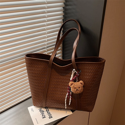 Women Urban Simple Woven Large Capacity Tote Bag Synthetic Leather Single Shoulder Bag With Plush Bear Charm Stylish Purse