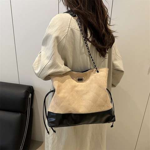 Borsa Tote Trapuntata Con Motivo A Rombi Camoscio Pelle Splicing Grande Capacità Catena Borsa A Tracolla Moda Pendolare