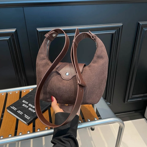 Retro Suede Crescent Hobo Bag For Women Vintage Underarm Shoulder Bag With Leather Flap Minimalist Stylish Messenger