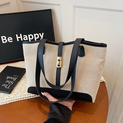 Retro Canvas Und PU Leder Shopper Tasche Große Kapazität Minimalistische Handtasche Mit Goldschloss Für Damen