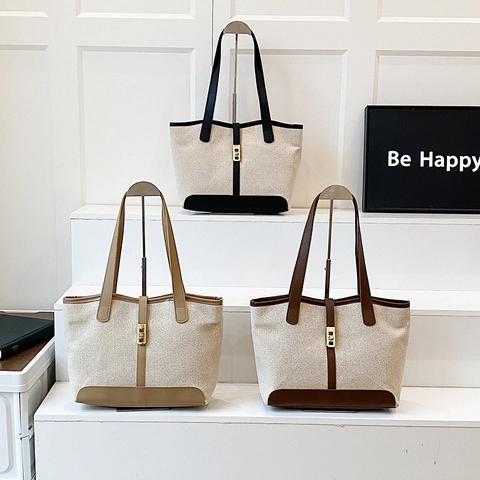 Retro Canvas Und PU Leder Shopper Tasche Große Kapazität Minimalistische Handtasche Mit Goldschloss Für Damen