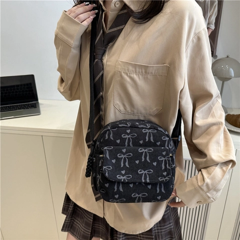Japanese Style Corduroy Bow Heart Print Crossbody Bag For Women Sweet Small Square Bag With Adjustable Strap