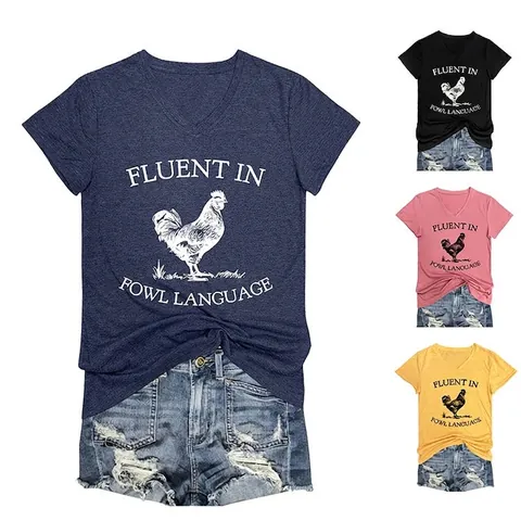 T-Shirt Da Donna Scollo A V Manica Corta Misto Cotone Stampa Gallo Fluent In Fowl Language Vestibilità Comoda Casual