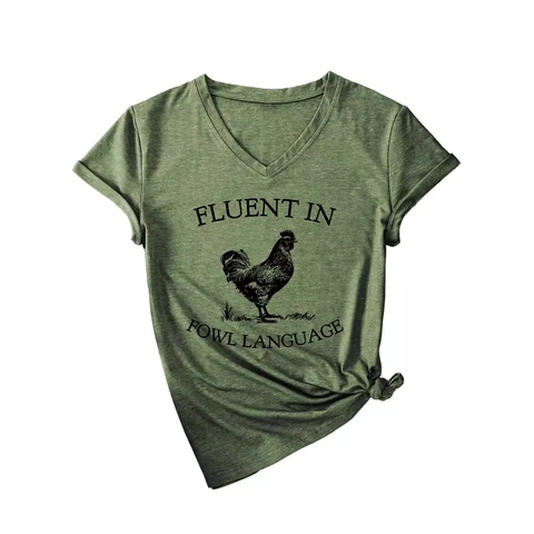 T-Shirt Da Donna Scollo A V Manica Corta Misto Cotone Stampa Gallo Fluent In Fowl Language Vestibilità Comoda Casual