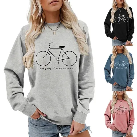 Women Crewneck Sweatshirt Cotton Blend Long Sleeve Bicycle Print Casual Enjoy The Ride Pullover