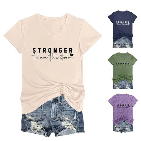 Women V Neck T-Shirt Short Sleeve Cotton Blend Stronger Than The Storm Letter Print Heart Graphic Loose Casual Top