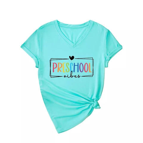 Damen T-Shirt Mit V-Ausschnitt Preschool Vibes Grafik Kurzarm Baumwollmischung Locker Geknoteter Saum Sommer Tee