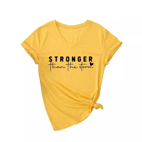 Women V Neck T-Shirt Short Sleeve Cotton Blend Stronger Than The Storm Letter Print Heart Graphic Loose Casual Top