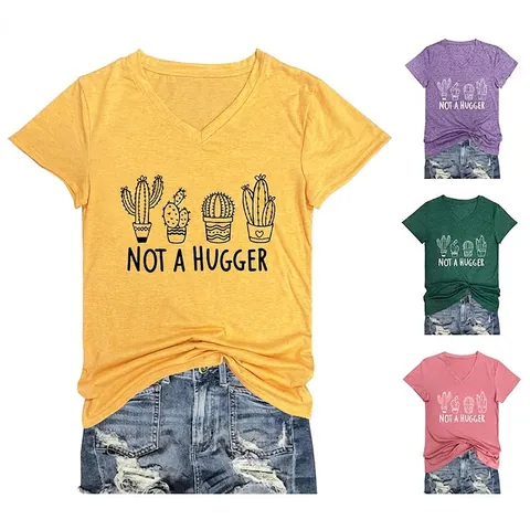 T-Shirt Da Donna Con Scollo A V In Misto Cotone A Maniche Corte Con Stampa Di Cactus E Piante Grasse Slogan Not A Hugger Casual Estate