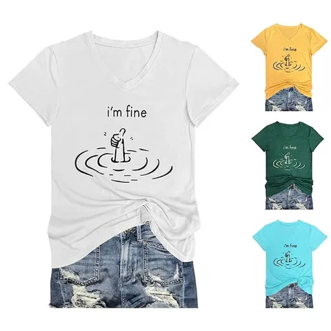 Γυναικείο T-Shirt V Λαιμόκοψη Κοντό Μανίκι Βαμβακερό Im Fine Γραφικό Αστείο Κόμπος Μπλούζα
