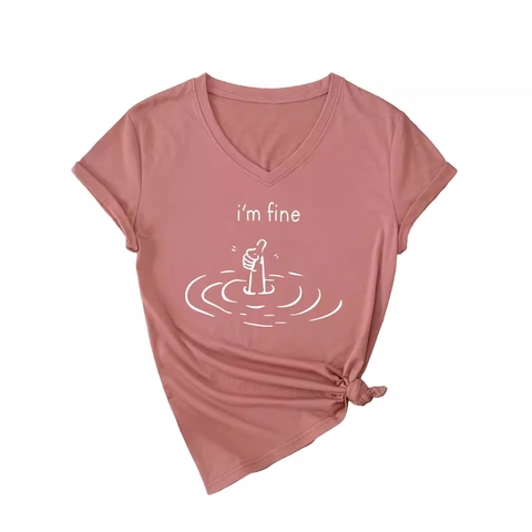 Γυναικείο T-Shirt V Λαιμόκοψη Κοντό Μανίκι Βαμβακερό Im Fine Γραφικό Αστείο Κόμπος Μπλούζα