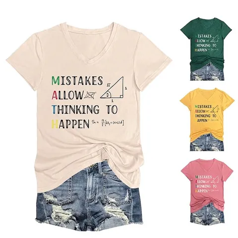 Damen Casual V-Ausschnitt Kurzarm T-Shirt Mathe Druck Baumwollmischung Mistakes Allow Thinking To Happen Lockerer Sommer Top