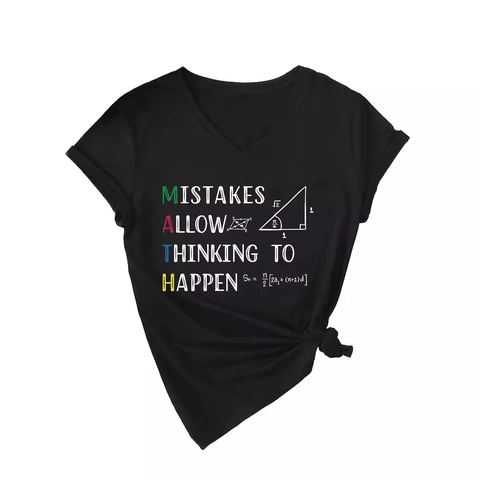 Damen Casual V-Ausschnitt Kurzarm T-Shirt Mathe Druck Baumwollmischung Mistakes Allow Thinking To Happen Lockerer Sommer Top