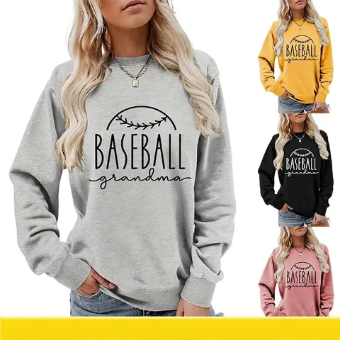 Felpa Donna Pullover Girocollo Manica Lunga Misto Cotone Baseball Grandma Stampa Lettere Casual Streetwear