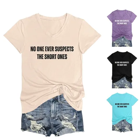 Women V-Neck Short Sleeve T-Shirt Cotton Polyester Funny Slogan Print Loose Casual Side Tie Knot Summer Top Fashion