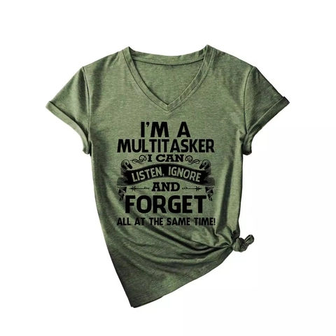 Damen V-Ausschnitt Kurzarm Slogan Print T-Shirt Locker Casual Baumwollmischung Sommer Multitasker Buchstaben Grafik Top