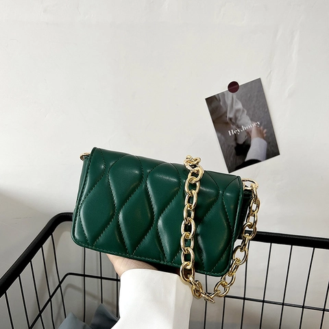 Women PU Leather Quilted Small Square Bag Wave Pattern Gold Chain Shoulder Crossbody Handbag Solid Color Fashion
