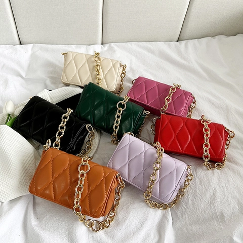 Women PU Leather Quilted Small Square Bag Wave Pattern Gold Chain Shoulder Crossbody Handbag Solid Color Fashion