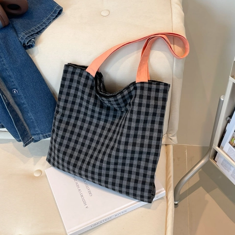 Large Capacity Canvas Tote Bag Striped Plaid Patterns Contrast Color Handles Casual Shoulder Handbag For Women