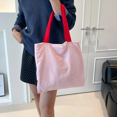 Large Capacity Canvas Tote Bag Striped Plaid Patterns Contrast Color Handles Casual Shoulder Handbag For Women