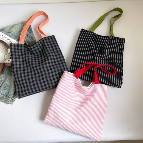Sac Fourre-Tout en Toile de Style Coréen pour Femmes à Carreaux Rayé Grande Capacité Sac à Bandoulière Décontracté Shopping Voyage