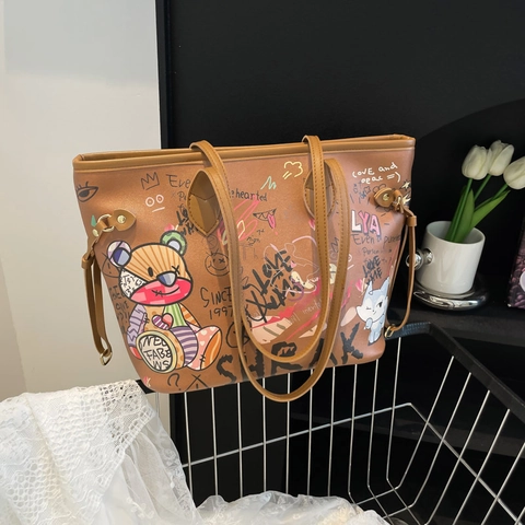 Graffiti Print Tote Bag PU Leather Large Capacity Cartoon Bear Cat Shoulder Handbag Versatile Street Style Commuter Women