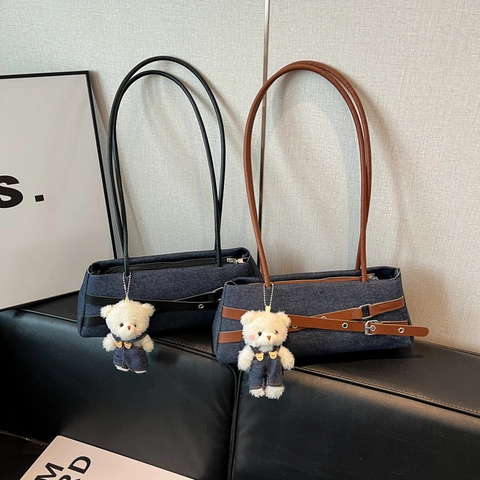 Süße Mädchenhafte Denim Unterarmtasche Colorblock Gürtel Dekoration Schultertasche Schicke Vielseitige Tägliche Tasche Für Damen